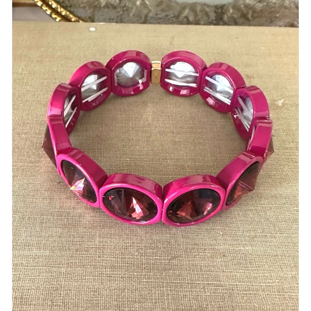 Dark Pink Big Crystal Elastic Enamel Stretch Bracelet, NEW